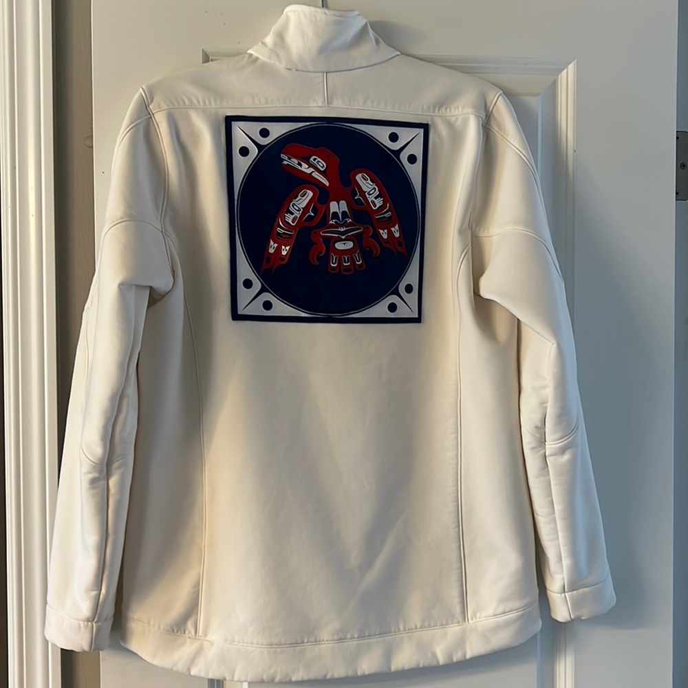 Stylish Native sports jacket by Dorothy Grant with bright blue embroidery 💙🦅